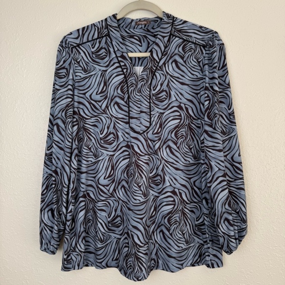 J Mclaughlin‎ long sleeve blue black halswood blouse S